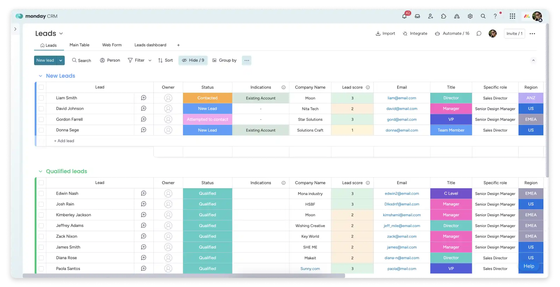 monday CRM Interface